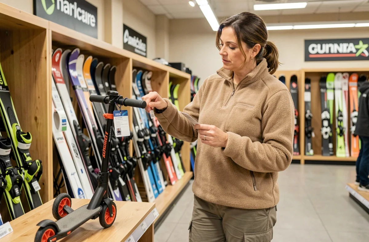 Femme comparant des patinettes ski dans un magasin de sports d'hiver avant achat