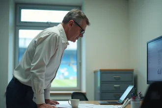 Administrateur de club de Ligue 1 analysant des rapports budgétaires dans un bureau modeste avec vue sur un stade provincial