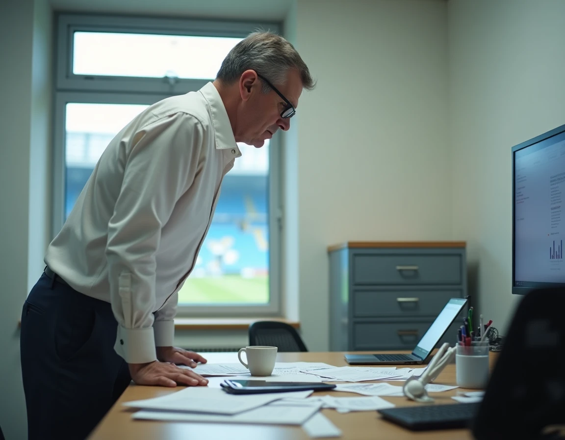 Administrateur de club de Ligue 1 analysant des rapports budgétaires dans un bureau modeste avec vue sur un stade provincial