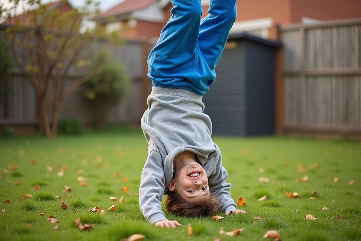 Adolescent faisant un handstand dans le jardin
