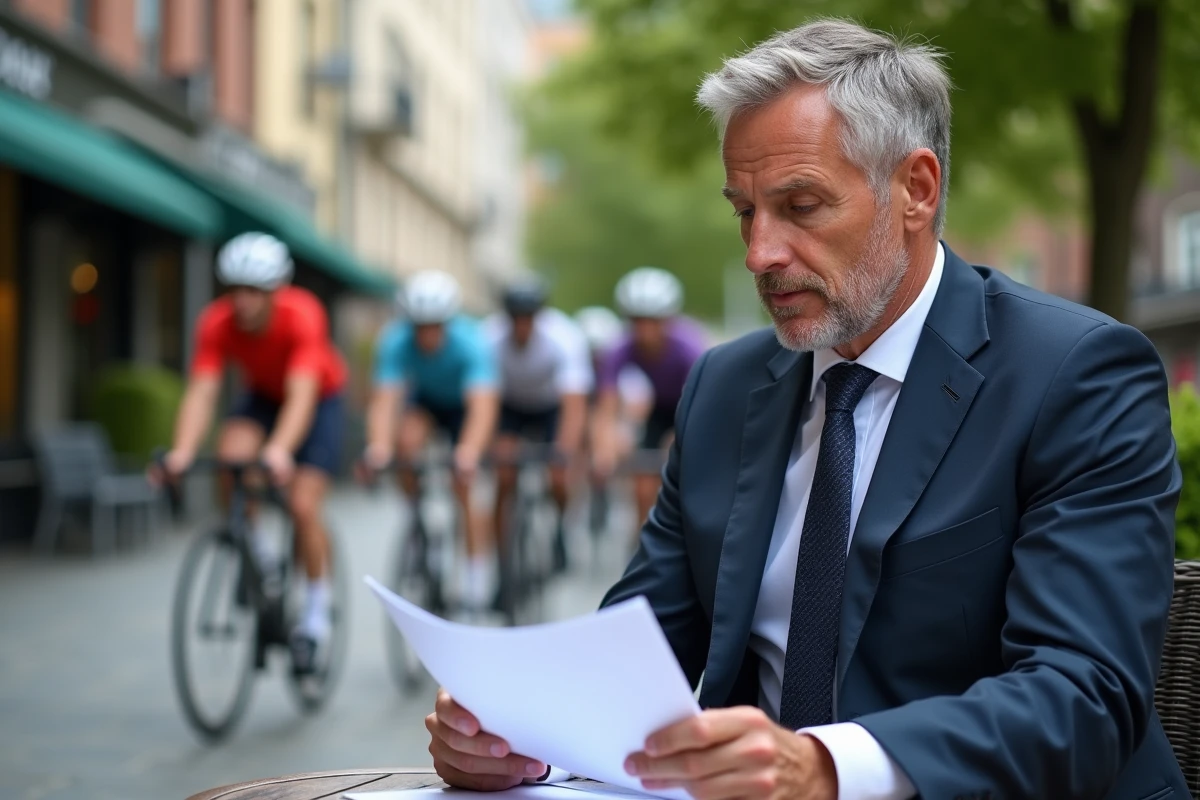Agent sportif examinant un contrat avec cyclistes en arrière-plan