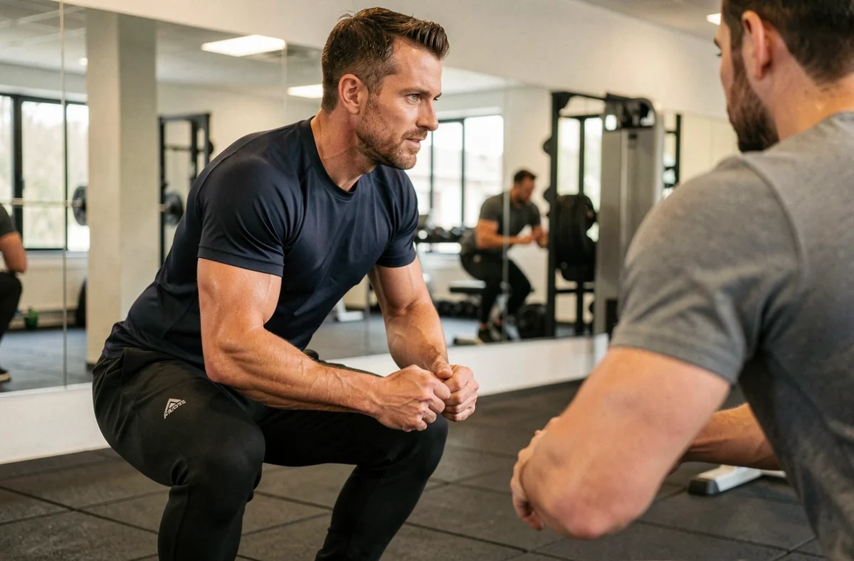 Coach sportif Pierre Allory guidant un client lors d'un exercice de squat dans une salle de sport à Nancy