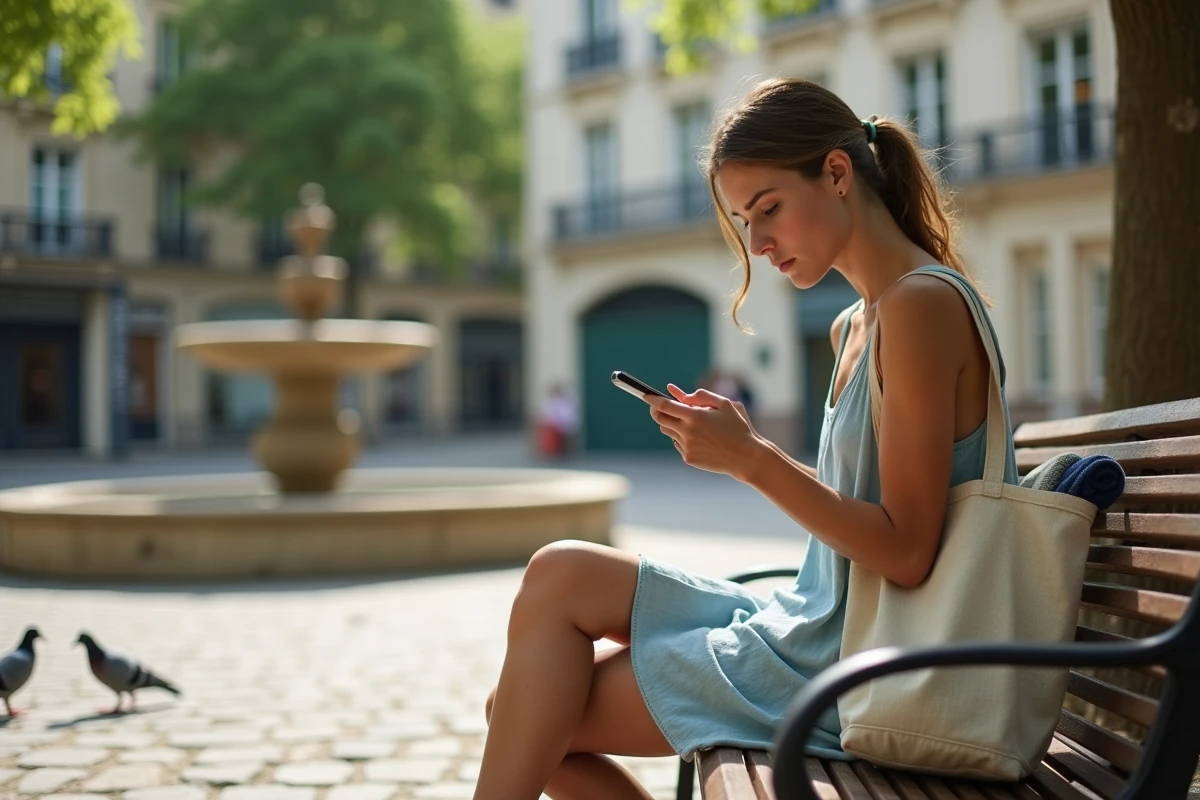 Femme cherchant une alternative sur son téléphone après avoir trouvé la piscine Butte aux Cailles complète