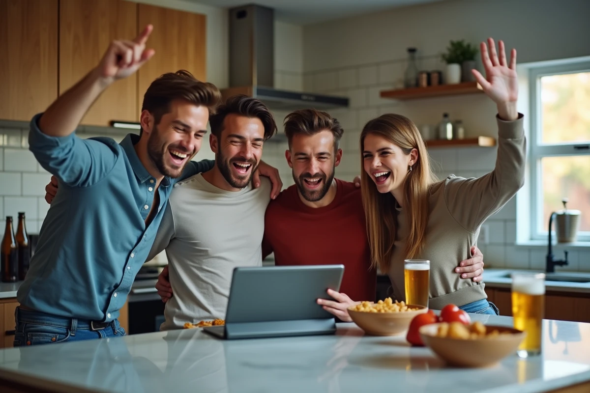 Groupe d'amis regardant un match de football en streaming sur tablette dans une cuisine moderne