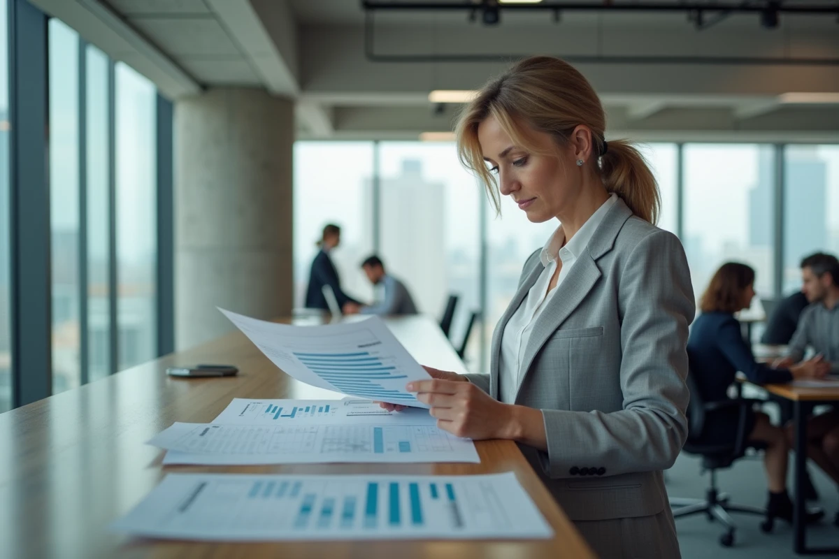 Femme analysant des feuilles de classement P100 dans un open space professionnel moderne