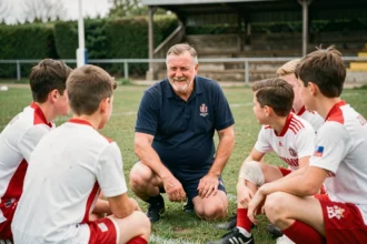 Ancien joueur de rugby français transmet ses valeurs à de jeunes joueurs lors d'un entraînement en club