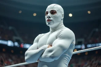 Catcheur masqué portant un costume blanc intégral debout dans un ring de catch professionnel