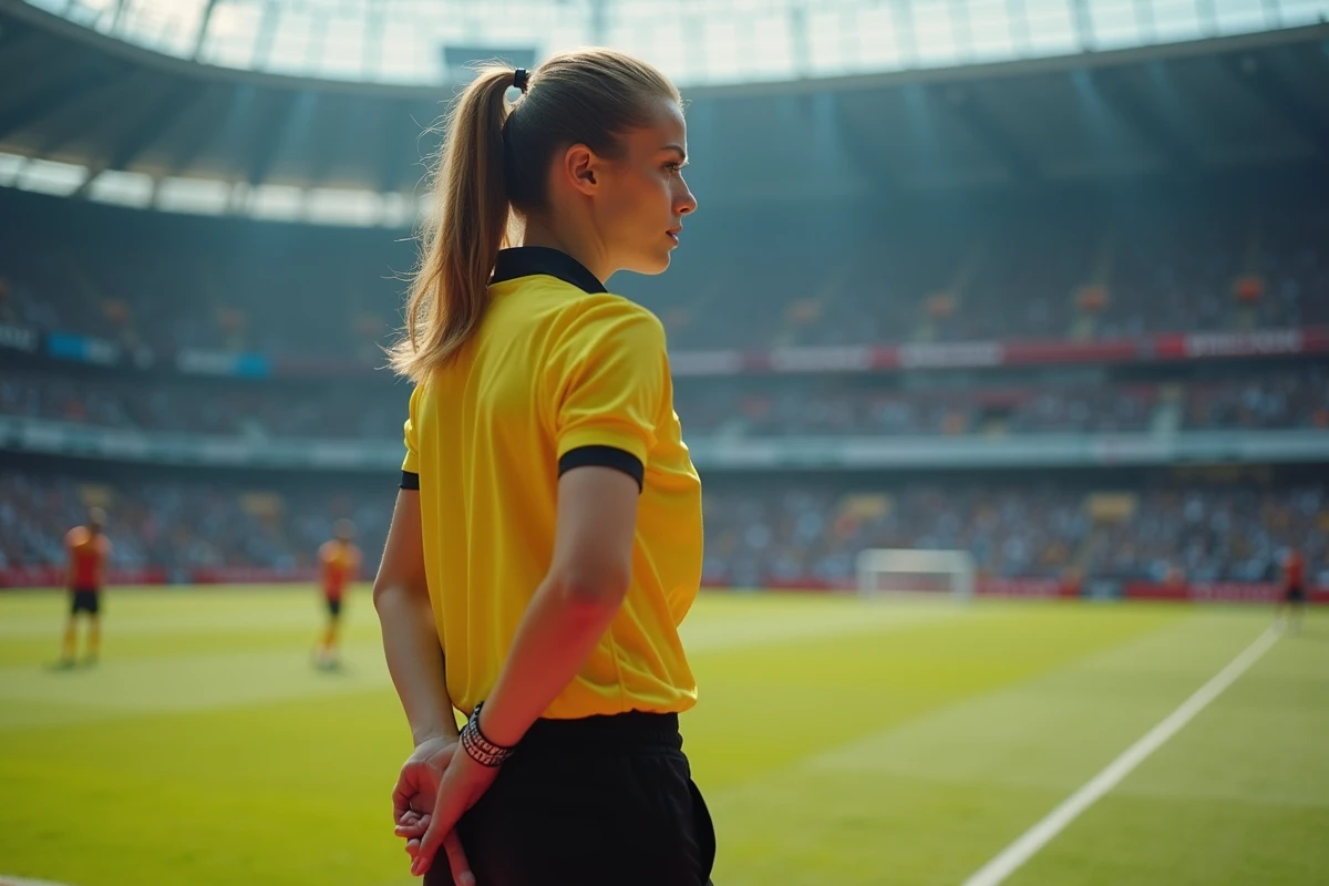 Arbitre assistante féminine en tenue officielle sur la ligne de touche d'un stade professionnel en Ligue 2