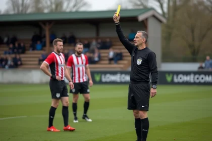 Arbitre en tenue noire montrant un carton jaune lors d'un match de football en district Drôme Ardèche devant des tribunes rurales