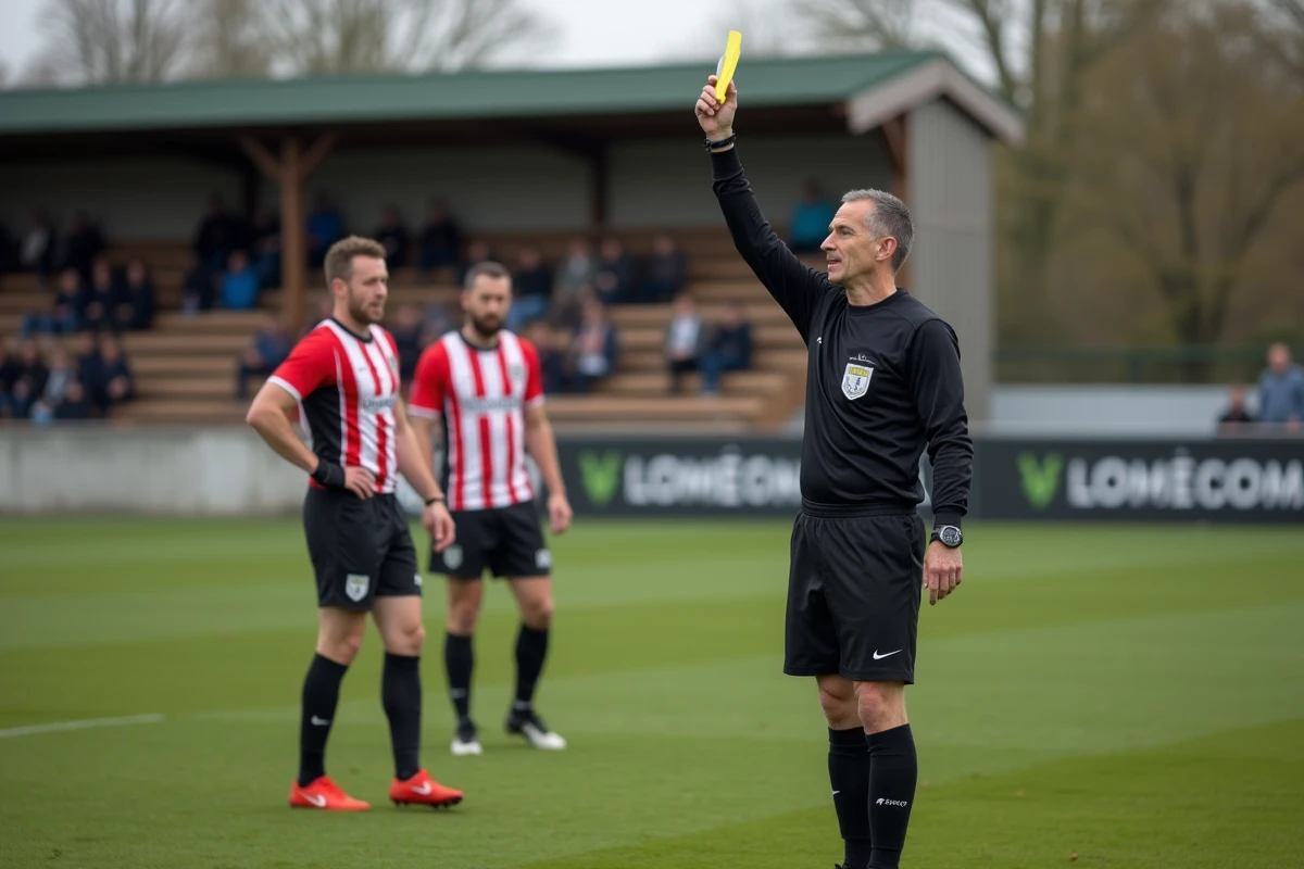 Arbitre en tenue noire montrant un carton jaune lors d'un match de football en district Drôme Ardèche devant des tribunes rurales
