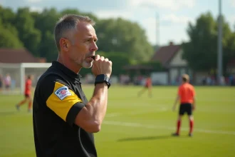 Arbitre homme souffle le sifflet lors d'un match de jeunes