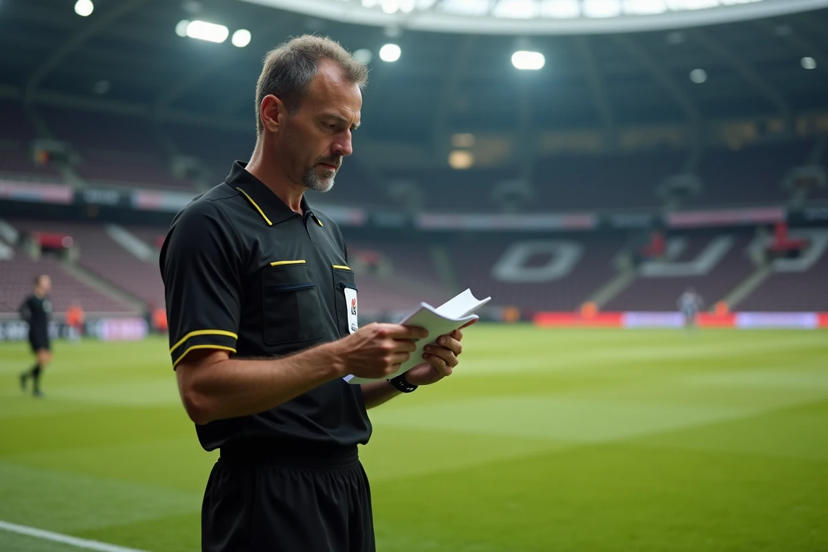 Arbitre en tenue officielle noire consultant ses notes sur la pelouse d'un stade de Ligue 1