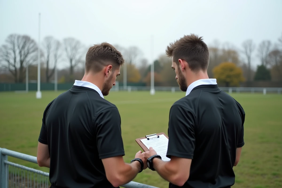 Deux arbitres de rugby sur la touche d'un terrain de Fédérale 2 consultant la feuille de match avant un match de poule