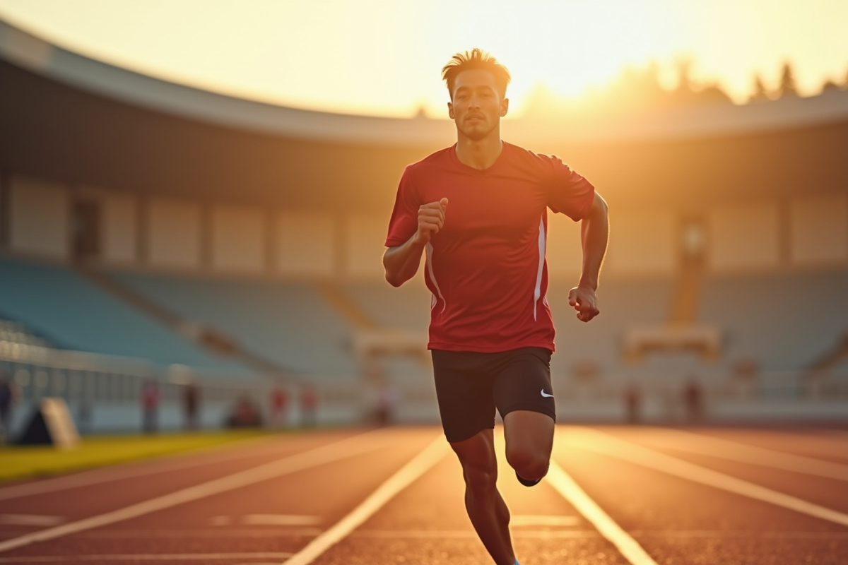 Athlète déterminé en plein sprint sur piste moderne