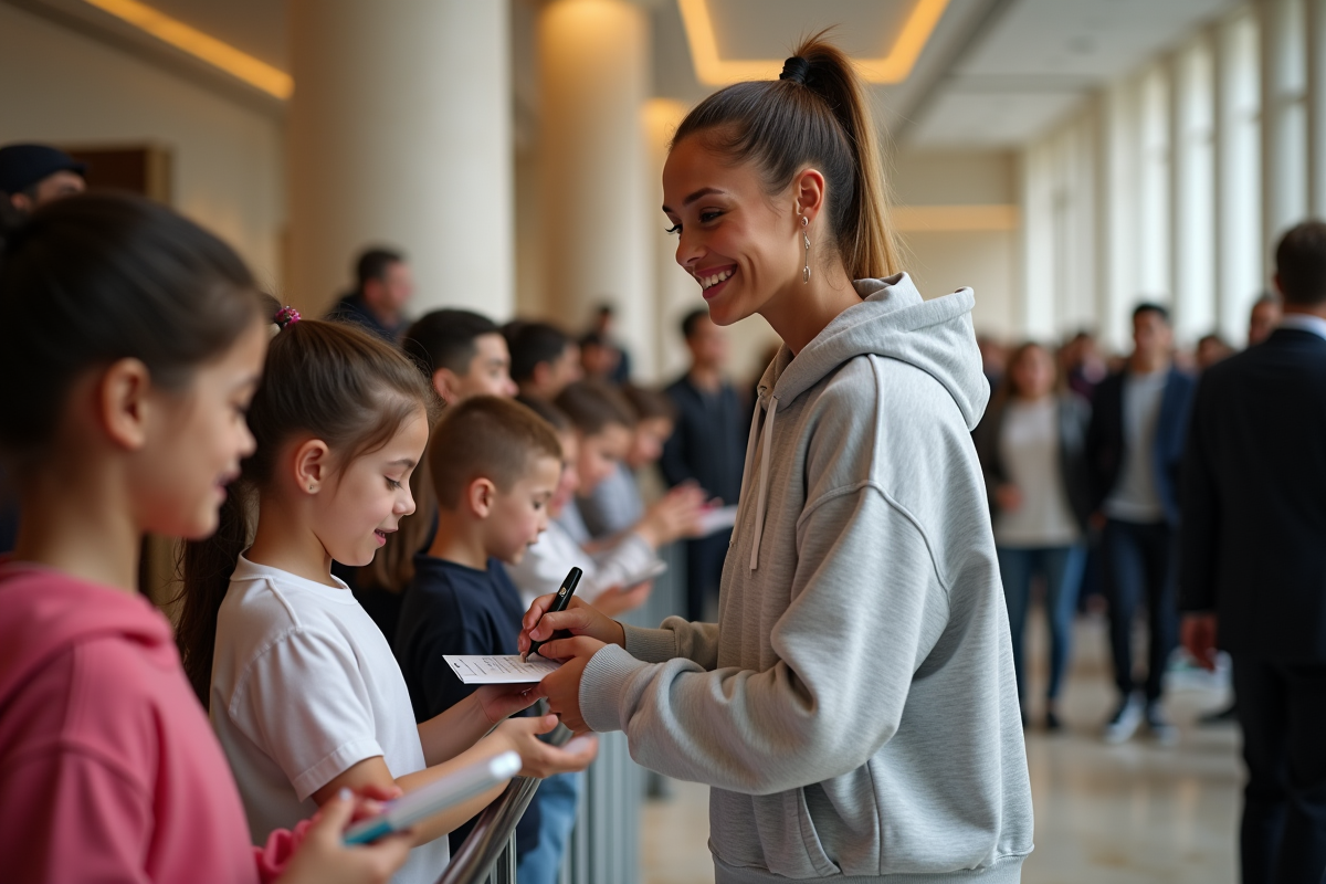 Femme athlète signant des autographes pour des enfants