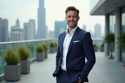 Athlète masculin en costume sur une terrasse urbaine