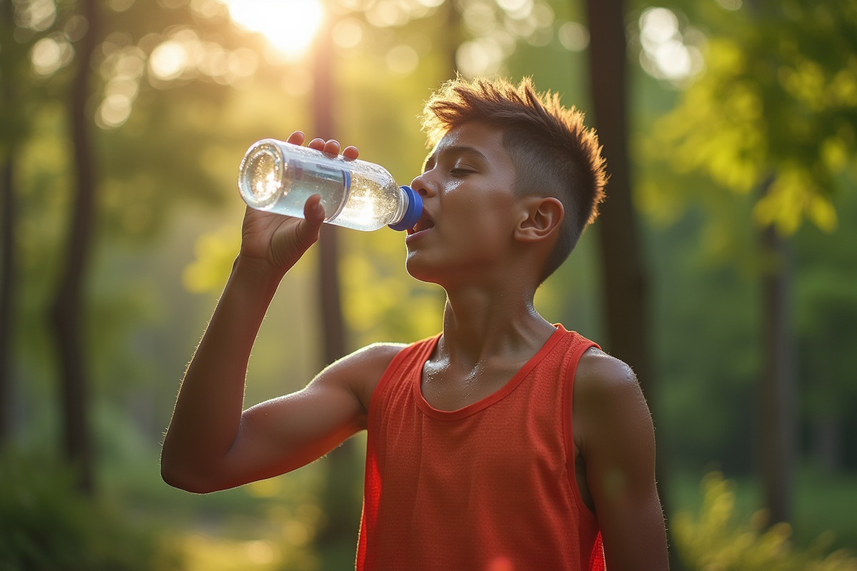 Jeune athlète faisant une pause en plein air en buvant de l'eau