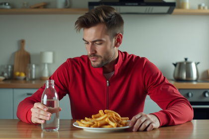 Jeune athlète en salle mangeant sainement