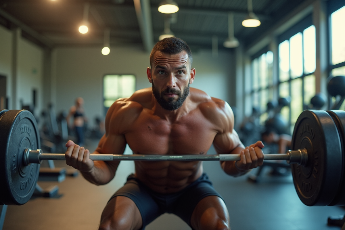 Homme faisant un squat musclé dans une salle lumineuse