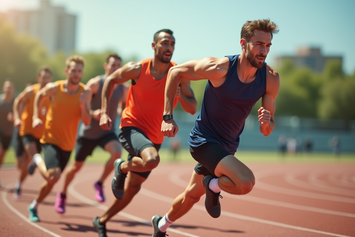 Groupe d'athletes en action sur une piste ensoleillee