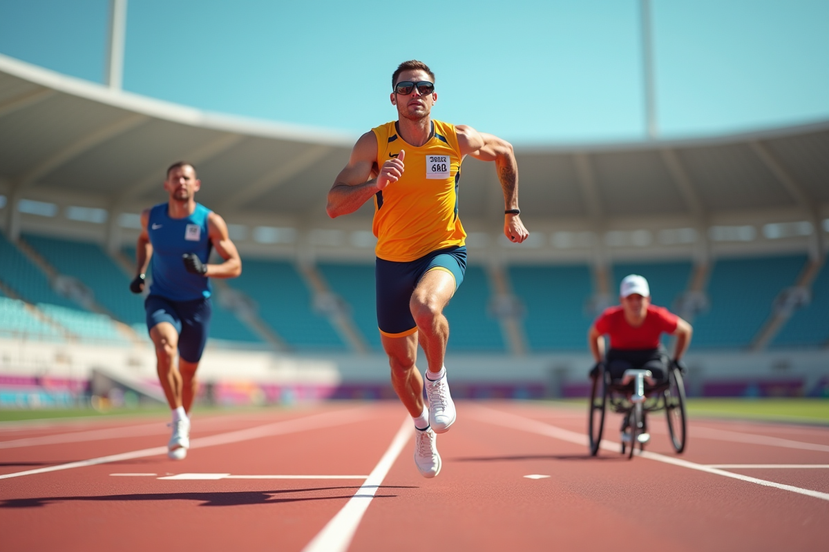 Trois athlètes paralympiques en action sur piste avec équipements