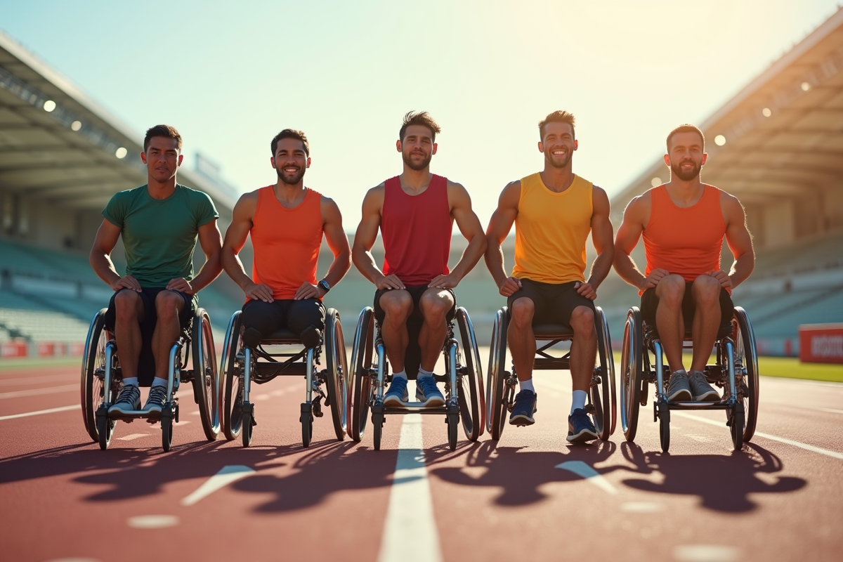 Groupe d'athletes paralympiques divers sur piste en plein air
