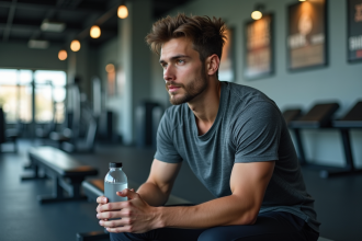 Jeune athlète en salle de sport contemplant sa bouteille d'eau