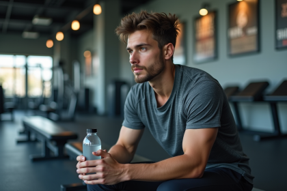 Jeune athlète en salle de sport contemplant sa bouteille d'eau