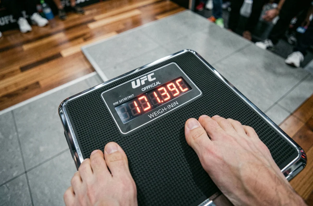Gros plan sur une balance numérique officielle lors d'une pesée UFC avec affichage du poids en kilogrammes