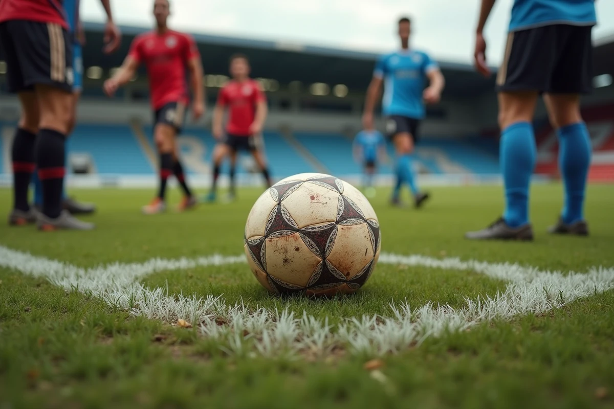 Ballon de football au sol au centre du terrain lors d'un match de classement impliquant Bergerac, bottines de joueurs visibles, stade régional en arrière-plan flou