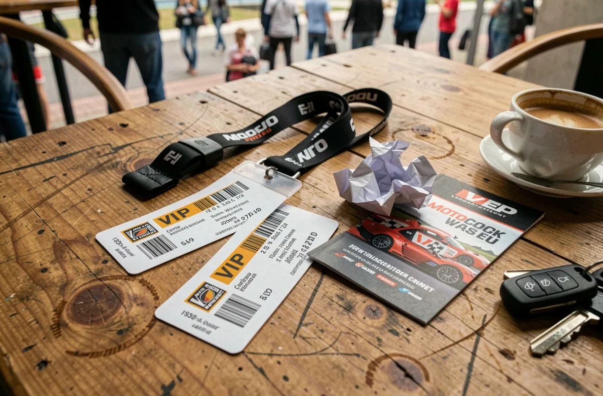 Billets d'entrée et pass paddock VIP posés sur une table de café lors d'un week-end de course automobile