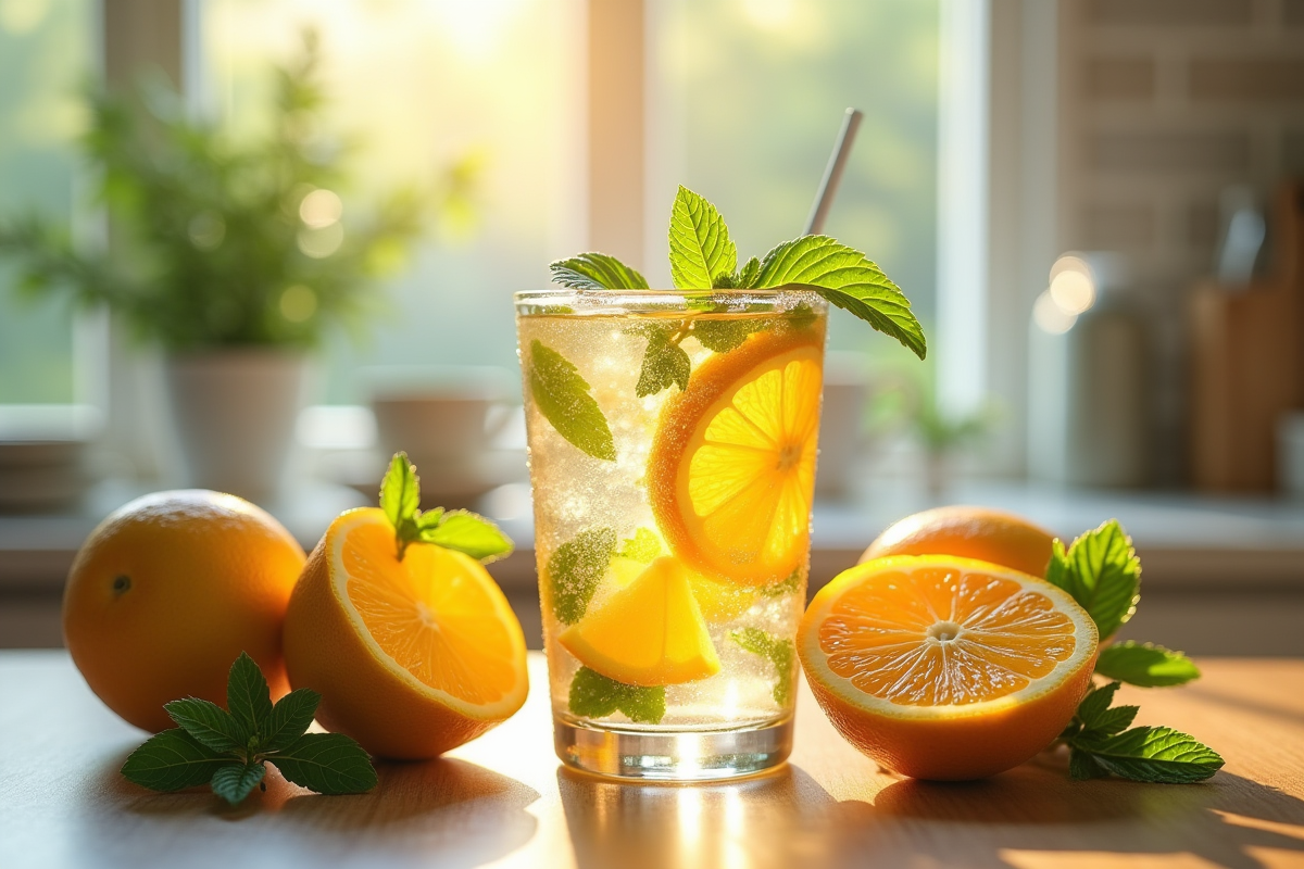 Verre de boisson electrolytee avec fruits et menthe