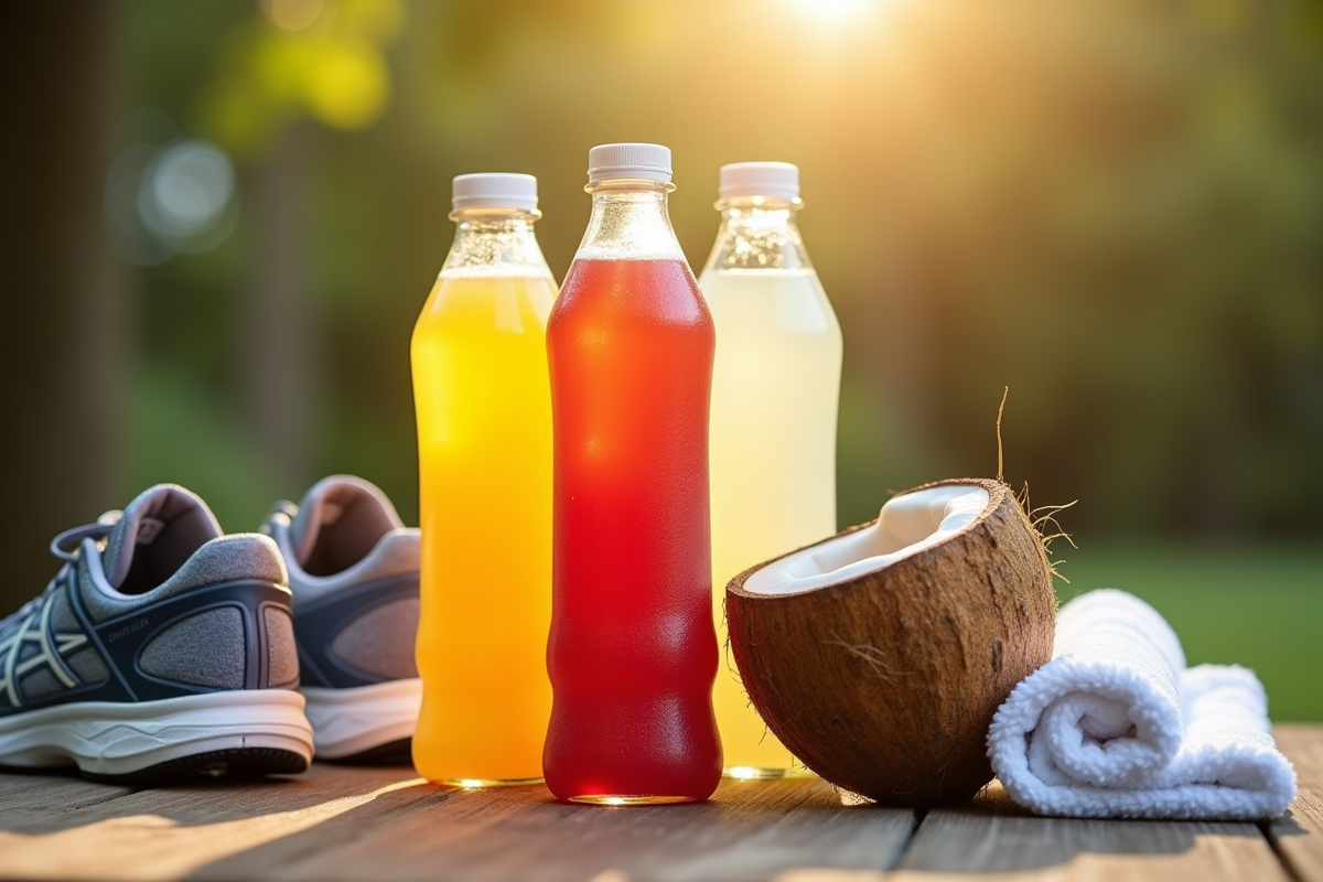 Bouteilles de boissons sportives et chaussures de course