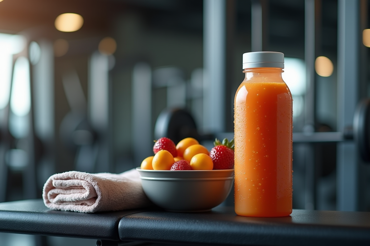Bouteille de proteine et fruits sur un banc de gym