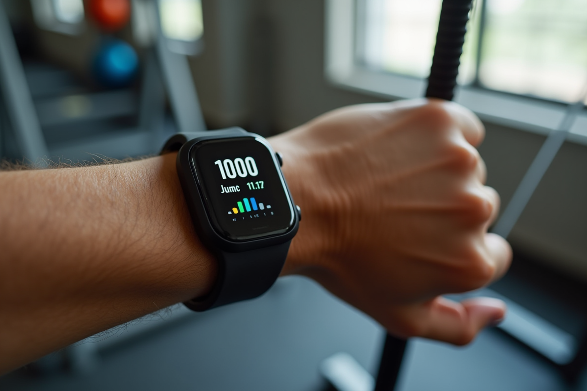 Montre connectée affichant 1000 sauts et calories brûlées