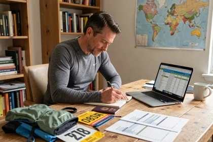 Coureur préparant son budget pour l'inscription à la Diagonale des Fous 2026, entouré de matériel trail et de documents de voyage