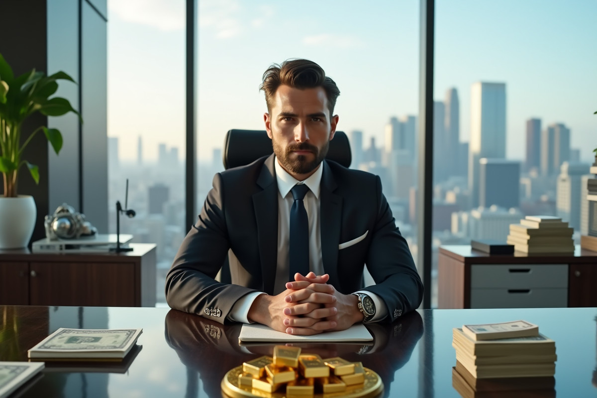Bureau moderne avec vue sur la ville et montres de luxe