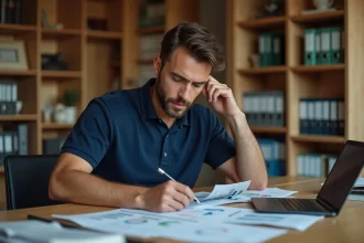 Homme consultant un tableau de calcul des points P100 assis à son bureau à domicile