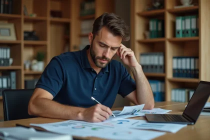 Homme consultant un tableau de calcul des points P100 assis à son bureau à domicile