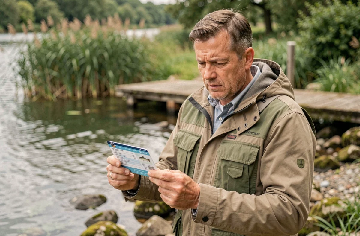 Pêcheur tenant sa carte de pêche 2026 au bord d'une rivière française, examinant le prix avec attention