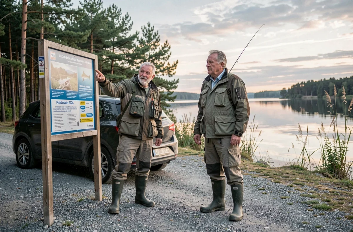 Deux pêcheurs lisant les tarifs 2026 de la carte de pêche affichés sur un panneau fédéral au bord d'un lac