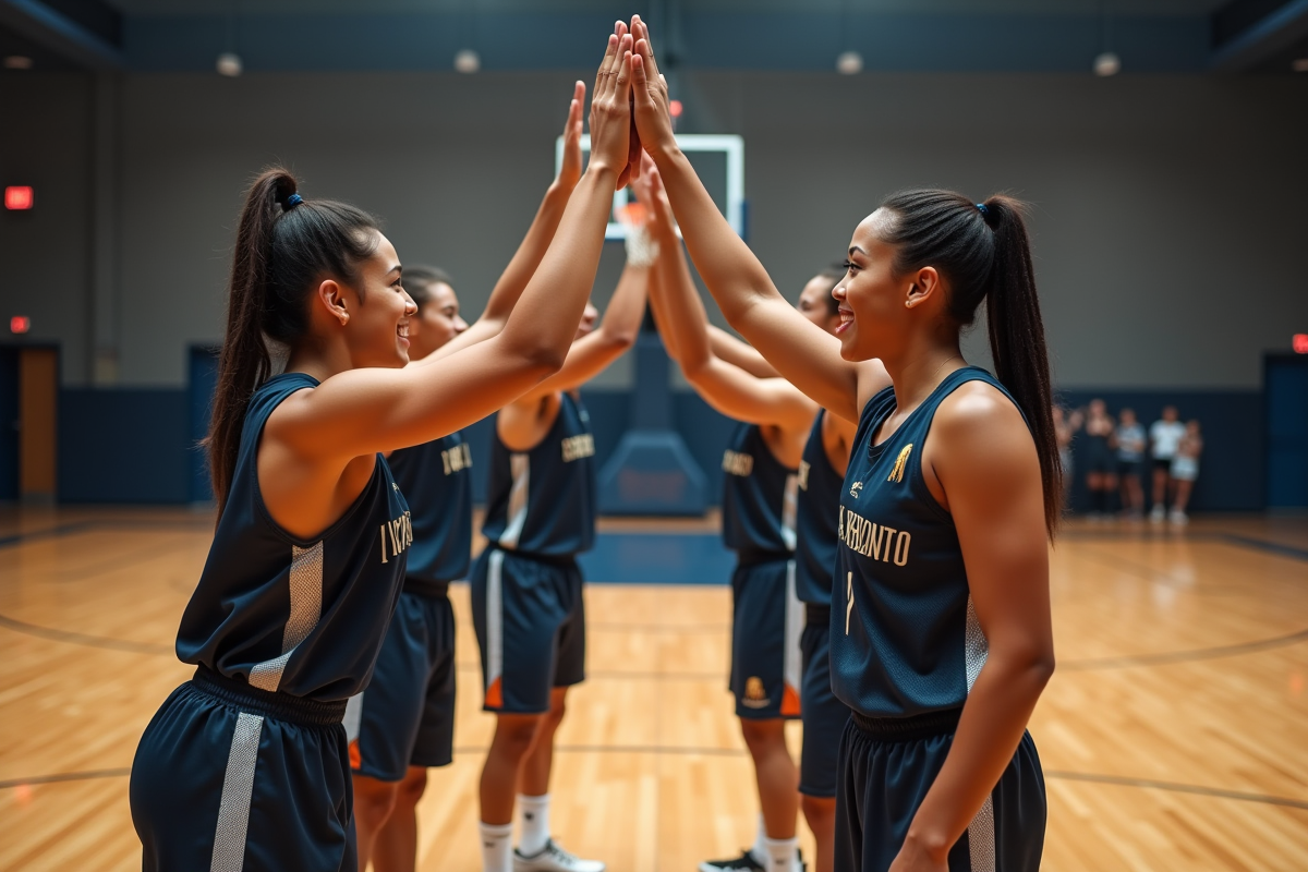Jeunes adultes fêtant victoire en basketball en salle