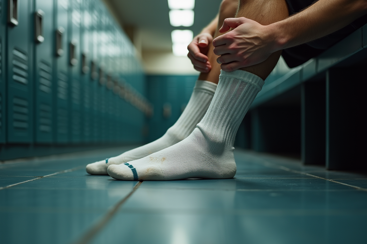 Gros plan sur des chaussettes de football usées dans le vestiaire