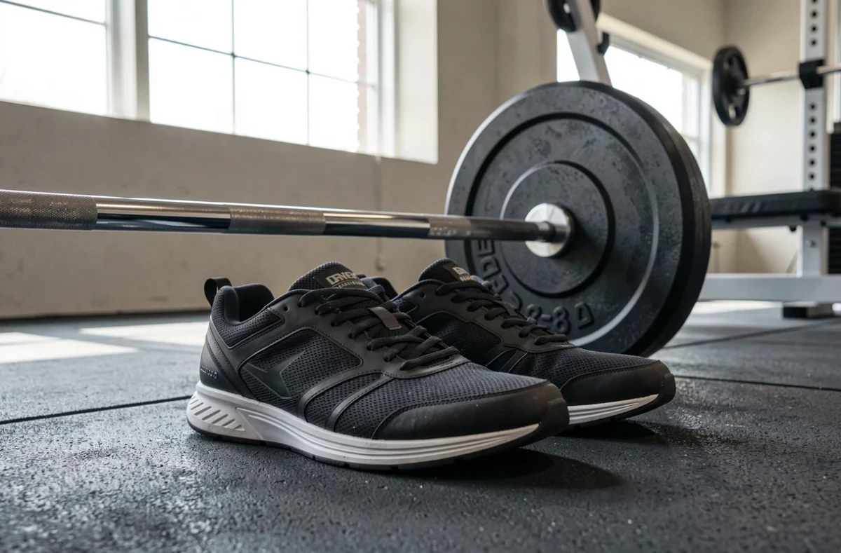 Chaussures de training à semelle plate posées près d'une barre dans une salle de sport