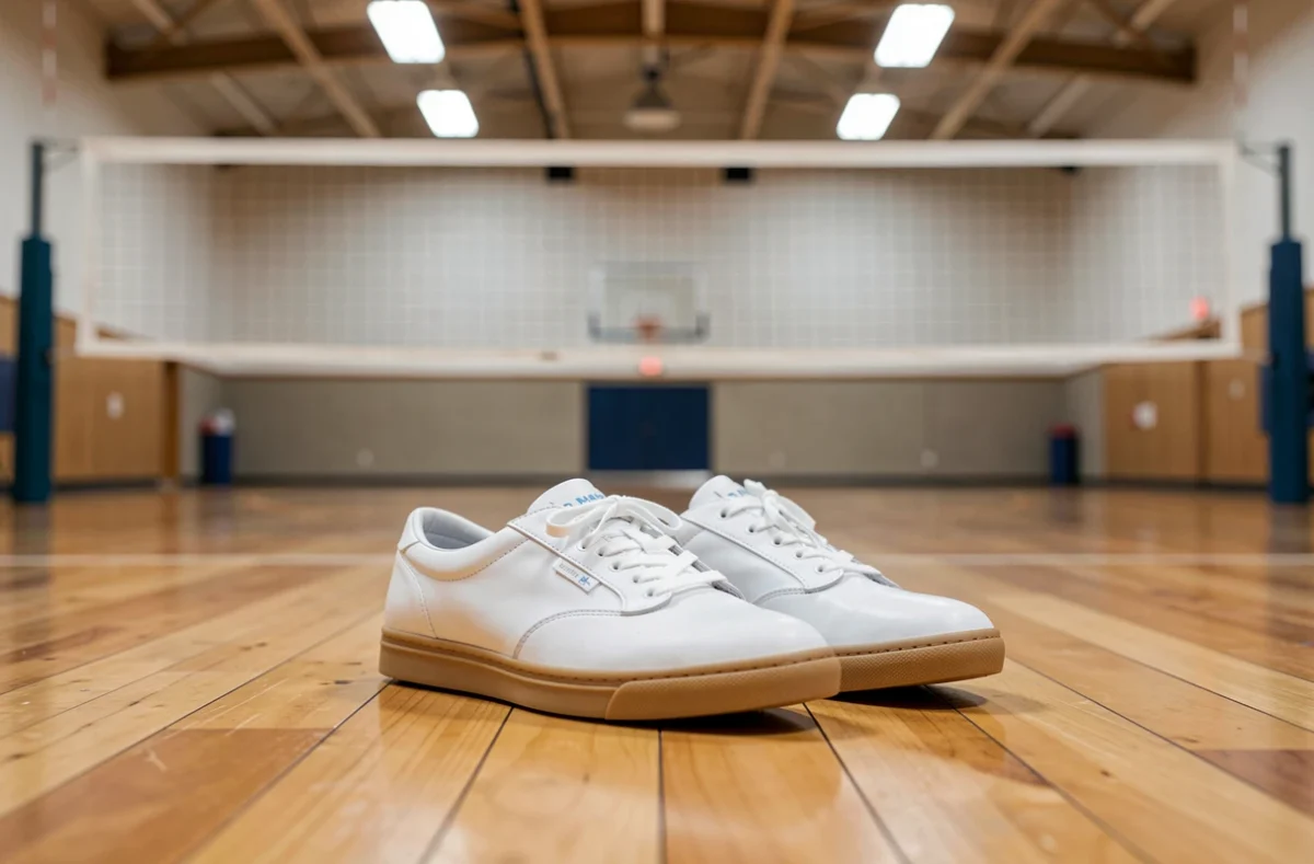 Chaussures indoor à semelle gomme sur le parquet d'un gymnase