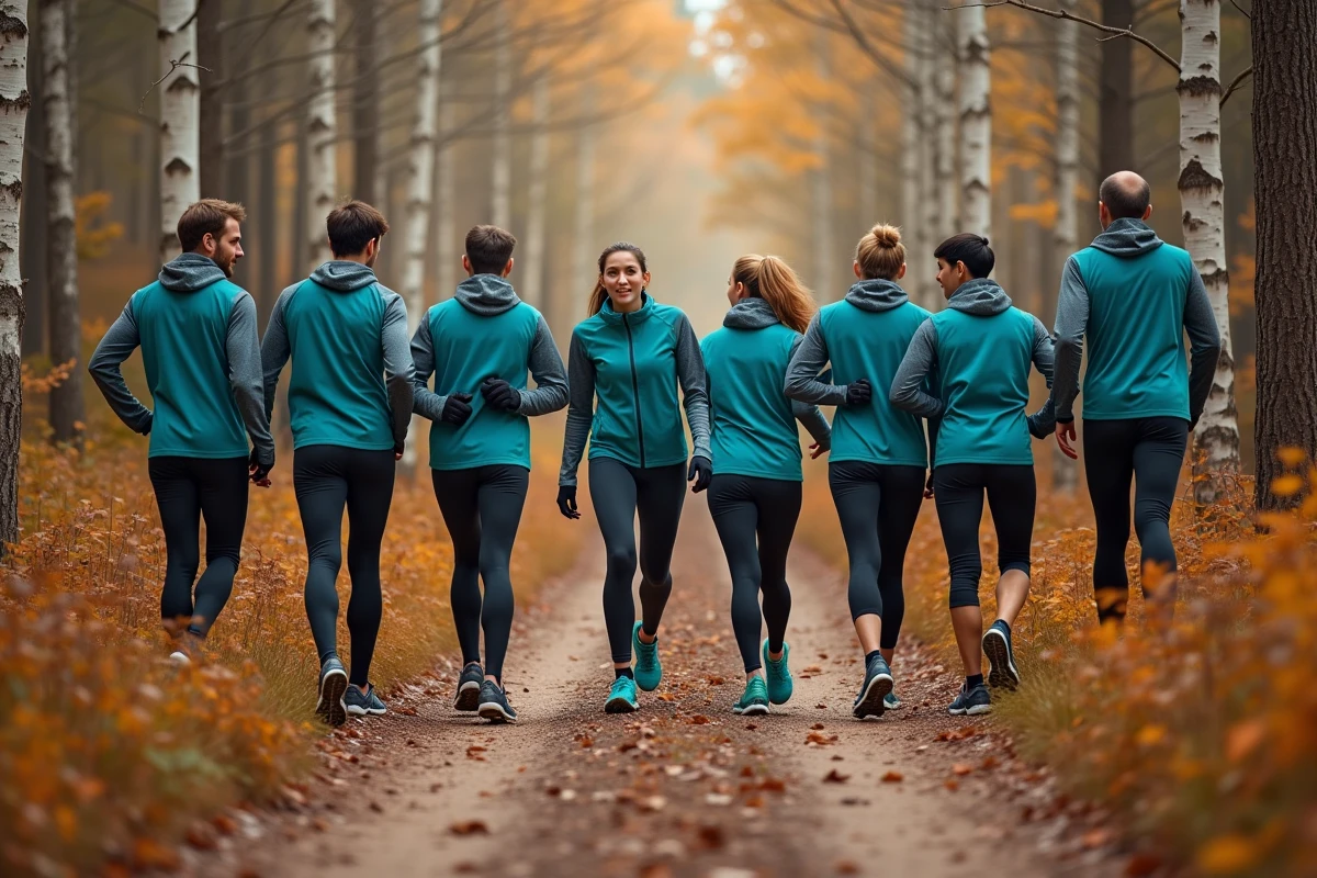 Club de trail running réuni au départ d'un sentier forestier en automne, athlètes en tenue d'équipe prêts pour l'entraînement