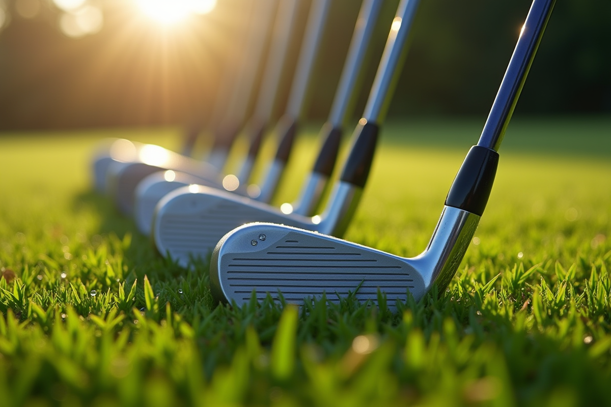 Gros plan sur clubs de golf et herbe brillante au matin