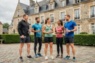 Groupe de coachs sportifs et clients en tenue de sport devant un bâtiment normand à Caen, Calvados