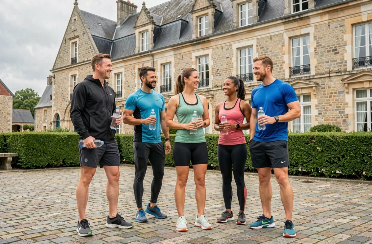 Groupe de coachs sportifs et clients en tenue de sport devant un bâtiment normand à Caen, Calvados