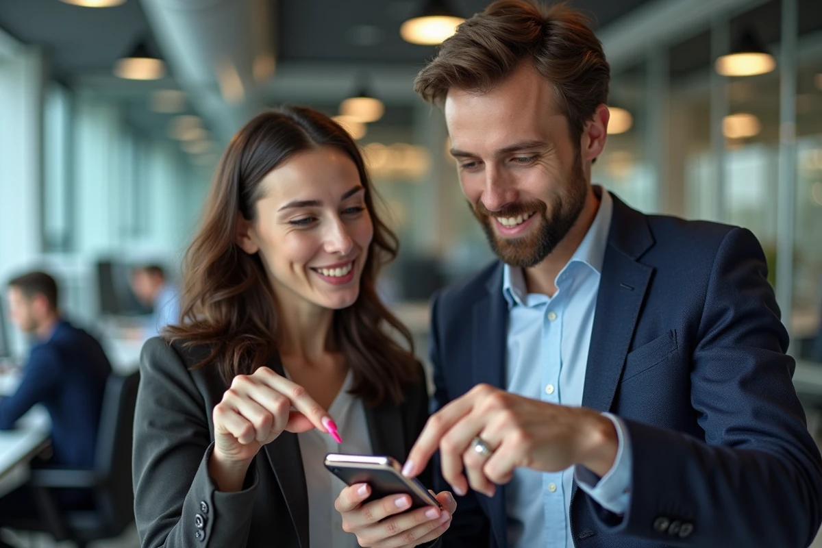Deux collègues consultant ensemble un tableau de répartition des points P100 sur smartphone au bureau